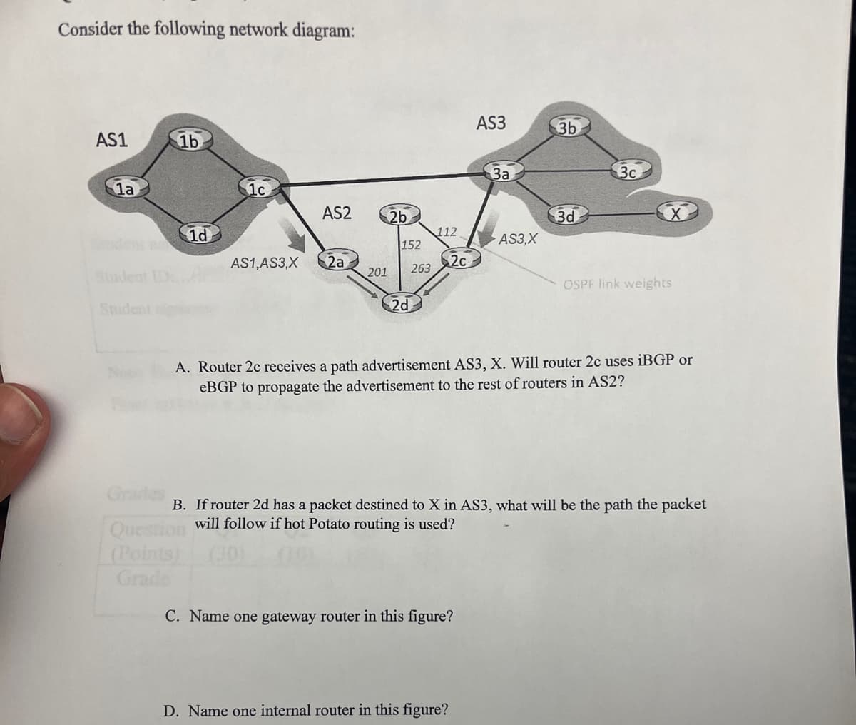Consider the following network diagram:
AS1
1a
Student
1b
1d
Grades
Question
(Points)
Grade
1c
AS2 2b
AS1, AS3,X 2a
152
201 263
2d
112
2c
AS3
C. Name one gateway router in this figure?
D. Name one internal router in this figure?
3a
AS3,X
3b
3d
3c
A. Router 2c receives a path advertisement AS3, X. Will router 2c uses iBGP or
eBGP to propagate the advertisement to the rest of routers in AS2?
X
OSPF link weights
B. If router 2d has a packet destined to X in AS3, what will be the path the packet
will follow if hot Potato routing is used?