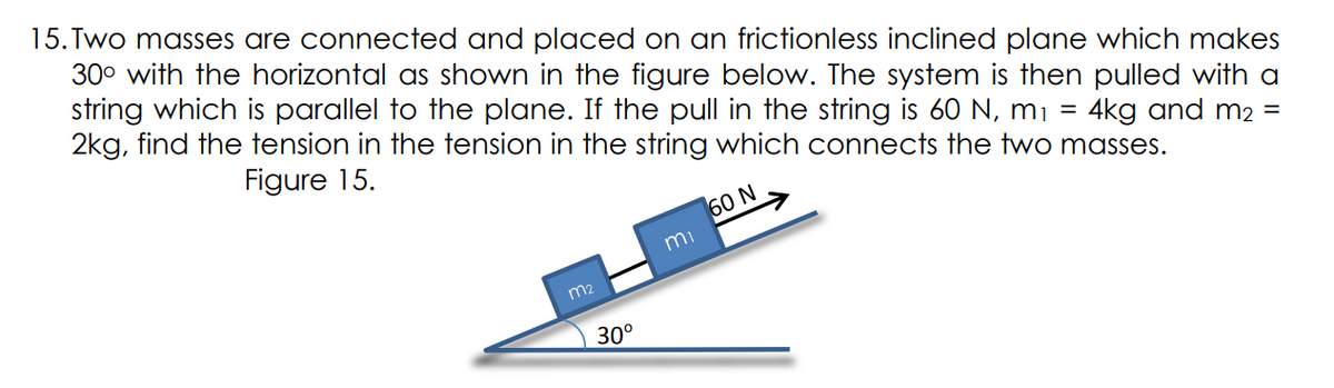 15. Two masses are connected and placed on an frictionless inclined plane which makes
30° with the horizontal as shown in the figure below. The system is then pulled with a
string which is parallel to the plane. If the pull in the string is 60 N, mi = 4kg and m2 =
2kg, find the tension in the tension in the string which connects the two masses.
Figure 15.
60 N
mi
m2
30°
