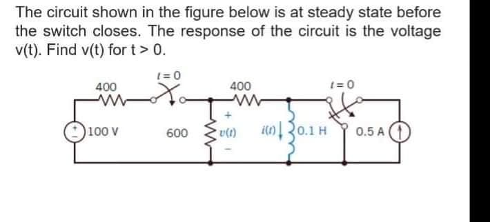 The circuit shown in the figure below is at steady state before
the switch closes. The response of the circuit is the voltage
v(t). Find v(t) for t> 0.
[= 0
400
400
t= 0
100 V
600
i()R0.1 H
0.5 A

