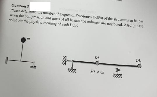 Question 3
Please determine the number of Degree of Freedoms (DOFs) of the structures in below
when the compression and mass of all beams and columns are neglected. Also, please
point out the physical meaning of each DOF.
m
you
A
m₂
EI #00
m₂