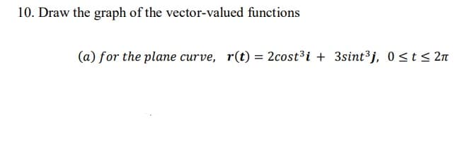 10. Draw the graph of the vector-valued functions
(a) for the plane curve, r(t) = 2cost³i + 3sint³j, 0<t< 2n

