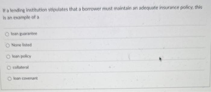 If a lending institution stipulates that a borrower must maintain an adequate insurance policy, this
is an example of a
loan guarantee
None listed
loan policy
O collateral
loan covenant