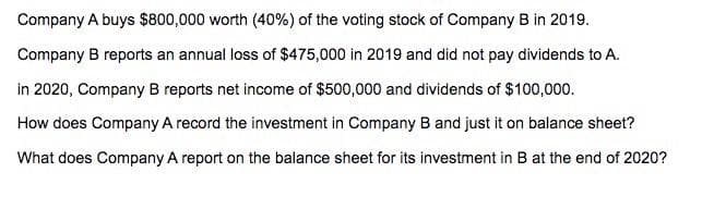 Company A buys $800,000 worth (40%) of the voting stock of Company B in 2019.
Company B reports an annual loss of $475,000 in 2019 and did not pay dividends to A.
in 2020, Company B reports net income of $500,000 and dividends of $100,000.
How does Company A record the investment in Company B and just it on balance sheet?
What does Company A report on the balance sheet for its investment in B at the end of 2020?