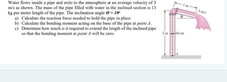 Water flows inside a pipe and exits to the atmosphere at an average velocity of 3
m/s as shown. The mass of the pipe filled with water in the inclined section is 13
kg per meter length of the pipe. The inclination angle 0 = 10
a) Calculate the reaction force needed to hold the pipe in place.
b) Calculate the bending moment acting on the base of the pipe at point A.
c) Determine how much is it required to extend the length of the inclined pipe
so that the bending moment at point A will be zero.
3 m/s
2m 10 cm
