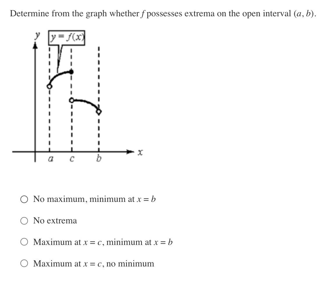Determine from the graph whether f possesses extrema on the open interval (a, b).
Y y= f(x)
a
b
No maximum, minimum at x = b
No extrema
Maximum at x = c, minimum at x =
b
Maximum at x = c, no minimum
