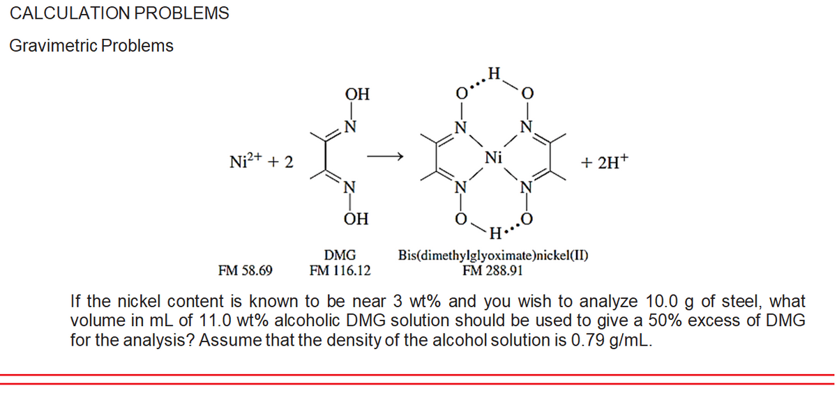 CALCULATION PROBLEMS
Gravimetric Problems
H.
ОН
Ni²+ + 2
+ 2H+
N
ОН
H…
DMG
FM 116.12
Bis(dimethylglyoximate)nickel(II)
FM 288.91
FM 58.69
If the nickel content is known to be near 3 wt% and you wish to analyze 10.0 g of steel, what
volume in mL of 11.0 wt% alcoholic DMG solution should be used to give a 50% excess of DMG
for the analysis? Assume that the density of the alcohol solution is 0.79 g/mL.
