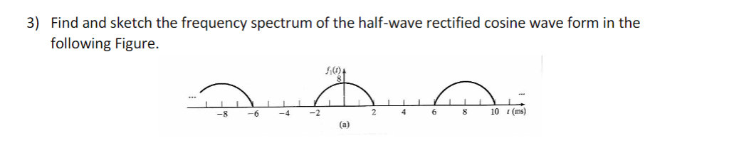 3) Find and sketch the frequency spectrum of the half-wave rectified cosine wave form in the
following Figure.
-8
-6
-4
-2
51014
(a)
4
6
8
10 (ms)