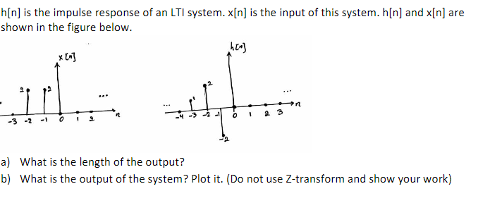 h[n] is the impulse response of an LTI system. x[n] is the input of this system. h[n] and x[n] are
shown in the figure below.
...
-3 -2
2 3
a) What is the length of the output?
b) What is the output of the system? Plot it. (Do not use Z-transform and show your work)
