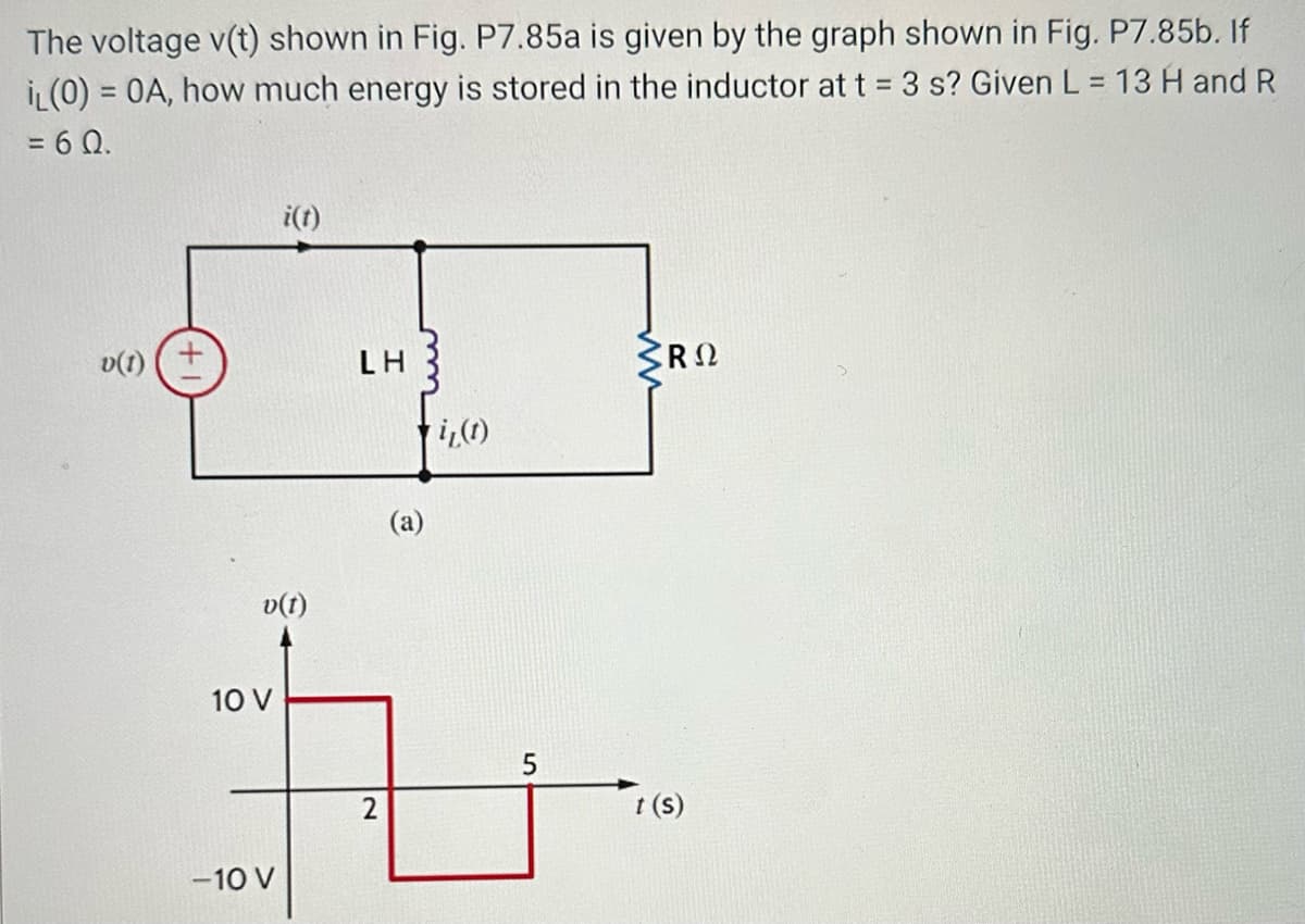 The voltage v(t) shown in Fig. P7.85a is given by the graph shown in Fig. P7.85b. If
IL (0) = 0A, how much energy is stored in the inductor at t = 3 s? Given L = 13 H and R
-
= 60.
v(1)
i(t)
-10 V
LH
(a)
i, (t)
v(t)
10 V
tu
5
2
3RΩ
t (s)