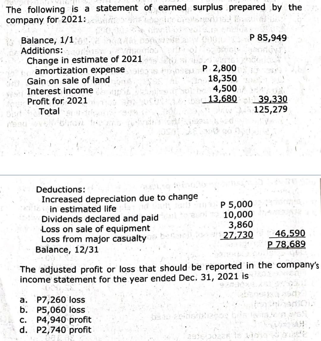 The following is a statement of earned surplus prepared by the
company for 2021:
Balance, 1/1
Additions:
Change in estimate of 2021
amortization expense
Gain on sale of land
Interest income
Profit for 2021
Total
000
P 85,949
sediba
P 2,800
18,350
4,500
13,680
39,330
125,279
Deductions:
Increased depreciation due to change
in estimated life
O Dividends declared and paid
Loss on sale of equipment
Loss from major casualty
Balance, 12/31
P 5,000
10,000
3,860
27,730
46,590
P 78,689
The adjusted profit or loss that should be reported in the company's
income statement for the year ended Dec. 31, 2021 is
a. P7,260 loss
b. P5,060 loss
c. P4,940 profit
d. P2,740 profit