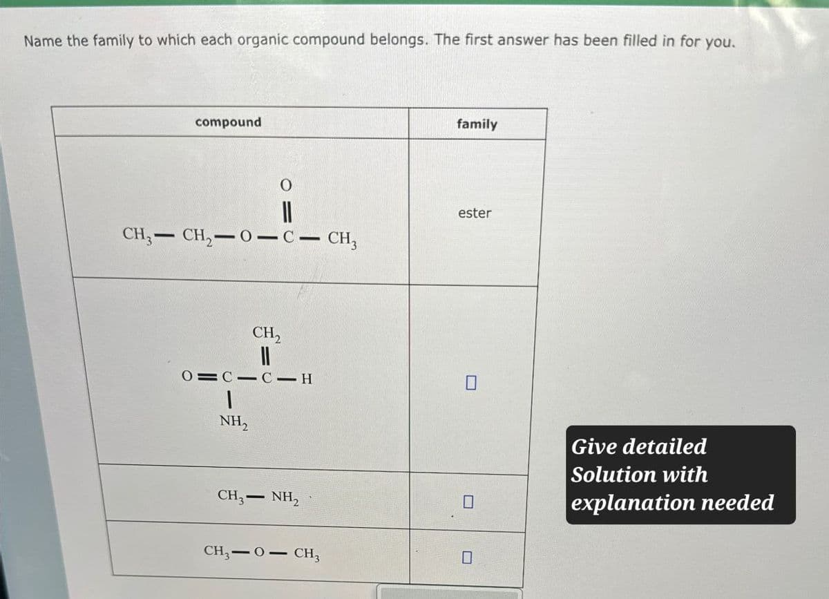 Name the family to which each organic compound belongs. The first answer has been filled in for you.
compound
O
family
CH3-CH2-0-C- - CH3
ester
CH2
။
0 C C-H
NH₂
CH3 NH₂
CH3-0 CH3
ப
Π
Give detailed
Solution with
explanation needed