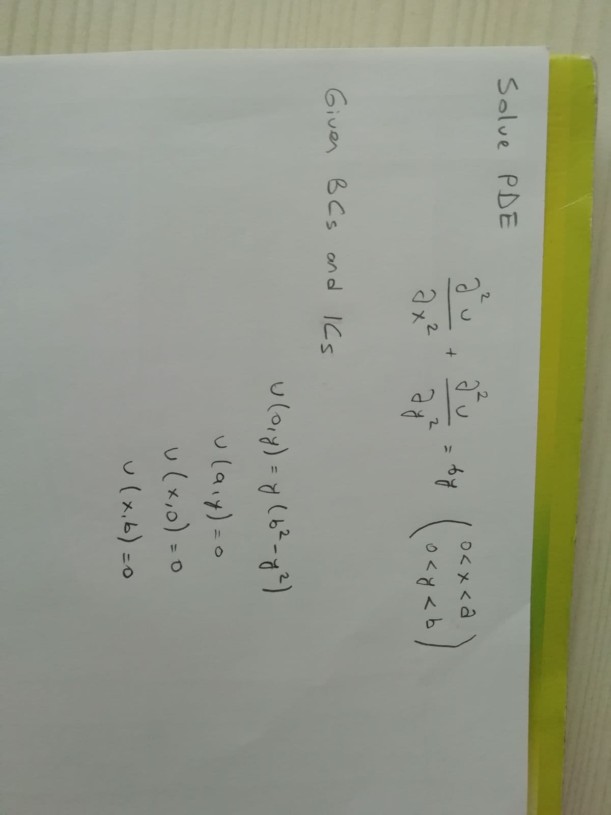 Solue
Solue PDE
2.
O<x < a
Əx²
Given B Cs ond ICs
ulory) =y(6?-g?)
%3D
ulaiy)=o
u(x,o) = 0
u(x,b) =0
