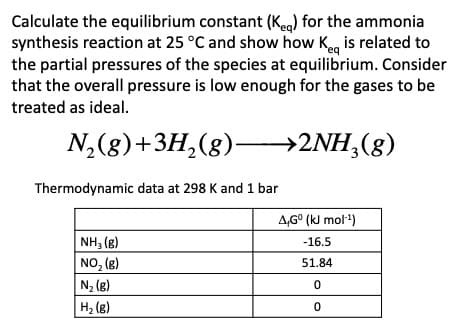 Calculate the equilibrium constant (Keg) for the ammonia
synthesis reaction at 25 °C and show how keq is related to
the partial pressures of the species at equilibrium. Consider
that the overall pressure is low enough for the gases to be
treated as ideal.
N2(g)+3H2(g)—>2NH3(g)
Thermodynamic data at 298 K and 1 bar
NH3(g)
NO2 (g)
N₂ (g)
H₂ (8)
A,G° (kJ mol¹)
-16.5
51.84
0
0