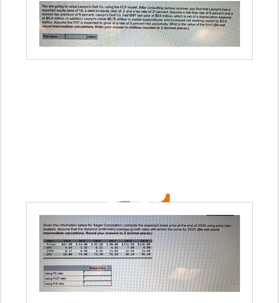 You are going to value Lauryn's Doll Co. using the FCF model. After consulting various sources, you find that Lauryn's has a
reported equity beta of 1.6, a debt-to-equity ratio of 7, and a tax rate of 21 percent. Assume a risk-free rate of 6 percent and a
market risk premium of 9 percent. Lauryn's Doll Co. had EBIT last year of $54 million, which is net of a depreciation expense
of $5.4 million. In addition, Lauryn's made $6.75 million in capital expenditures and increased net working capital by $2.9
million. Assume the FCF is expected to grow at a rate of 3 percent into perpetuity. What is the value of the firm? (Do not
round intermediate calculations. Enter your answer in millions rounded to 2 decimal places.)
Firm value
Given the information below for Seger Corporation, compute the expected share price at the end of 2020 using price ratio
analysis. Assume that the historical (arithmetic) average growth rates will remain the same for 2020. (Do not round
intermediate calculations. Round your answers to 2 decimal places.)
million
2014
2015
2016
Year
2017 2018
Price $87.90 $93.80 $92.50 $90.00 $111.50
EPS
6.85
7.90
CFPS
11.02
12.34
SPS
76.90
88.10
4.64
8.17
69.00
Using PE ratio
Using P/CF ratio
Using P/S ratio
6.15
5.35
8.96
9.25
74.00 73.40
Share Price
2019
$126.90
8.90
13.46
96.10