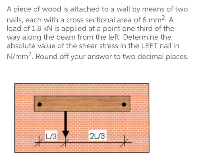 A piece of wood is attached to a wall by means of two
nails, each with a cross sectional area of 6 mm². A
load of 1.8 kN is applied at a point one third of the
way along the beam from the left. Determine the
absolute value of the shear stress in the LEFT nail in
N/mm². Round off your answer to two decimal places.
L/3
2L/3
*