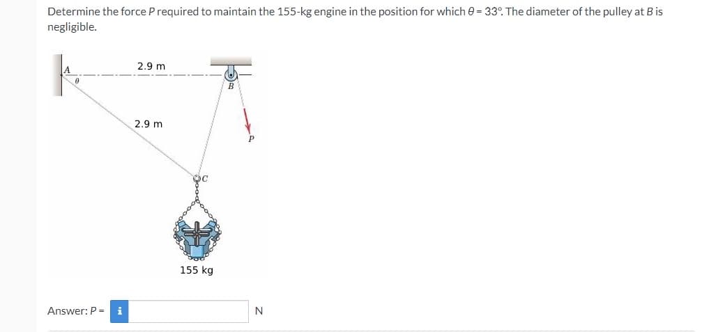 Determine the force P required to maintain the 155-kg engine in the position for which 0 = 33°. The diameter of the pulley at B is
negligible.
2.9 m
B
2.9 m
155 kg
Answer: P =
i
N
