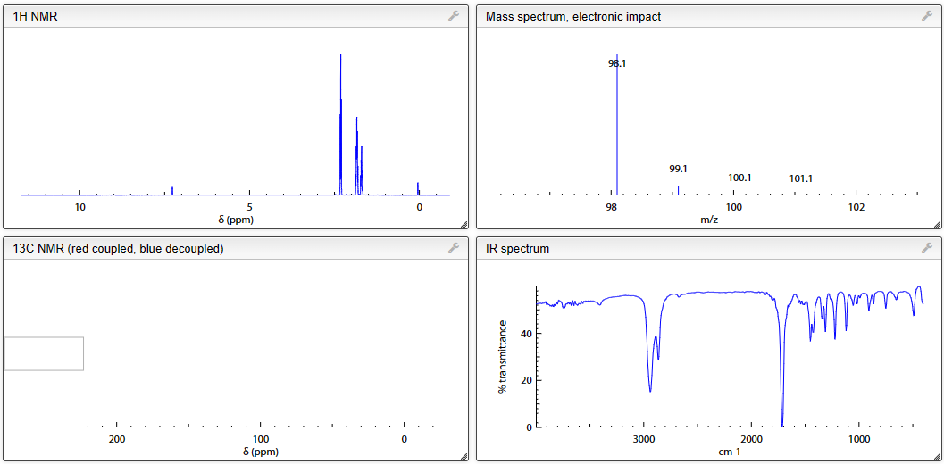 1H NMR
10
5
8 (ppm)
13C NMR (red coupled, blue decoupled)
200
100
8 (ppm)
0
0
Mass spectrum, electronic impact
IR spectrum
% transmittance
40
20
98.1
98
3000
99.1
m/z
100.1
1
100
2000
cm-1
101.1
102
pomp
1000