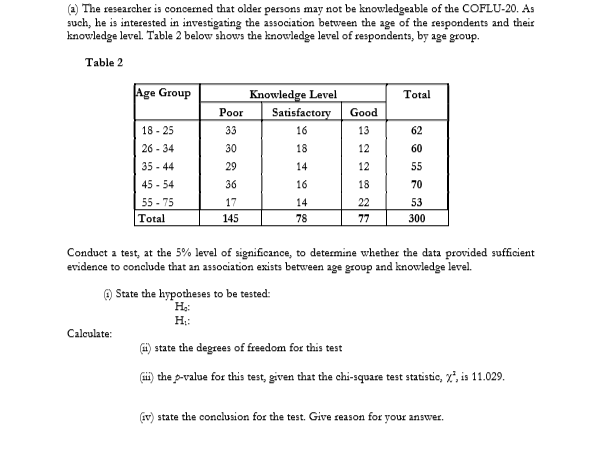 (2) The researcher is concerned that older persons may not be knowledgeable of the COFLU-20. As
such, he is interested in investigating the association between the age of the respondents and their
knowledge level. Table 2 below shows the knowledge level of respondents, by age group.
Table 2
Age Group
Knowledge Level
Total
Poor
Satisfactory
Good
18 - 25
33
16
13
62
26 - 34
30
18
12
35 - 44
29
14
12
55
45 - 54
36
16
18
70
55 - 75
17
14
22
53
Total
145
78
77
300
Conduct a test, at the 5% level of significance, to determine whether the data provided sufficient
evidence to conclude that an association exists between age group and knowledge level.
O State the hypotheses to be tested:
Hạ:
Н:
Calculate:
state the degrees of freedom for this test
(i) the p-value for this test, given that the chi-square test statistic, 7", is 11.029.
(iv) state the conclusion for the test. Give reason for your answer.
