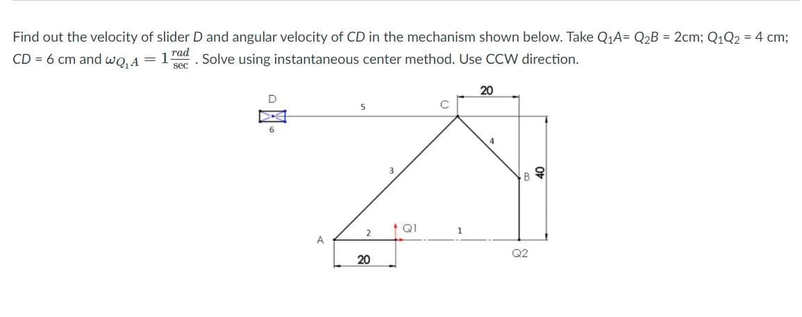 Find out the velocity of slider D and angular velocity of CD in the mechanism shown below. Take Q1A= Q2B = 2cm; Q1Q2 = 4 cm;
CD = 6 cm and wQ,A
rad
= 1
sec
Solve using instantaneous center method. Use CCW direction.
20
QI
1
A
Q2
20
