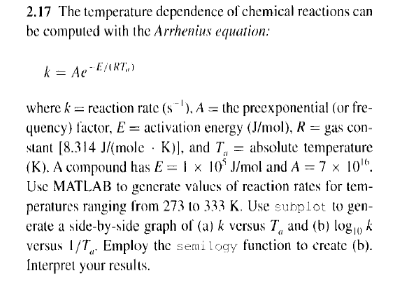 2.17 The temperature dependence of chemical reactions can
be computed with the Arrhenius equation:
k = Ae-EART)
where k = reaction rate (s'), A = the preexponential (or fre-
quency) factor, E activation energy (J/mol), R = gas con-
stant [8.314 J/(mole ·K)], and T = absolute temperature
(K). A compound has E = 1 × 10° J/mol and A = 7 x 101.
Use MATLAB to generate values of reaction rates for tem-
peratures ranging from 273 to 333 K. Use subplot to gen-
erate a side-by-side graph of (a) k versus 7 and (b) logo k
versus 1/7 Employ the semilogy function to create (b).
Interpret your results.