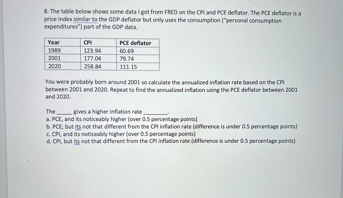 8. The table below shows some data I got from FRED on the CPI and PCE deflator. The PCE deflator is a
price index similar to the GDP deflator but only uses the consumption ("personal consumption
expenditures") part of the GDP data.
Year
CPI
PCE deflator
1989
123.94
60.69
2001
177.04
79.74
2020
258.84
111.15
You were probably born around 2001 so calculate the annualized inflation rate based on the CPI
between 2001 and 2020. Repeat to find the annualized inflation using the PCE deflator between 2001
and 2020.
The
gives a higher inflation rate
a. PCE, and its noticeably higher (over 0.5 percentage points)
b. PCE, but its not that different from the CPI inflation rate (difference is under 0.5 percentage points)
c. CPI, and its noticeably higher (over 0.5 percentage points)
d. CPI, but its not that different from the CPl inflation rate (difference is under 0.5 percentage points)
