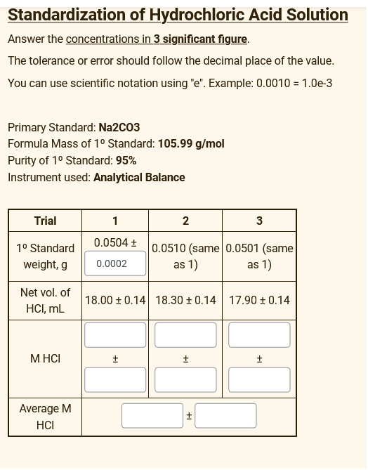 Standardization of Hydrochloric Acid Solution
Answer the concentrations in 3 significant figure.
The tolerance or error should follow the decimal place of the value.
You can use scientific notation using "e". Example: 0.0010 = 1.0e-3
Primary Standard: Na2CO3
Formula Mass of 1º Standard: 105.99 g/mol
Purity of 1° Standard: 95%
Instrument used: Analytical Balance
Trial
1
2
3
0.0504 +
0.0510 (same 0.0501 (same
as 1)
1° Standard
weight, g
0.0002
as 1)
Net vol. of
18.00 ± 0.14 18.30 ± 0.14 17.90 + 0.14
HCI, mL
M HCI
Average M
HCI
+1
