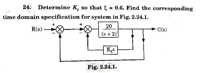 24. Determine K,
so that = 0.6. Find the corresponding
time domain specification for system in Fig. 2.24.1.
20
R(s)
C(s)
(s + 2)
K,s
Fig. 2.24.1.
