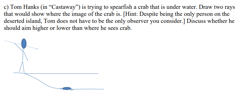 c) Tom Hanks (in "Castaway") is trying to spearfish a crab that is under water. Draw two rays
that would show where the image of the crab is. [Hint: Despite being the only person on the
deserted island, Tom does not have to be the only observer you consider.] Discuss whether he
should aim higher or lower than where he sees crab.