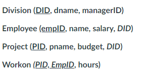 Division (DID, dname, managerID)
Employee (emplD, name, salary, DID)
Project (PID, pname, budget, DID)
Workon (PID, EmpID, hours)
