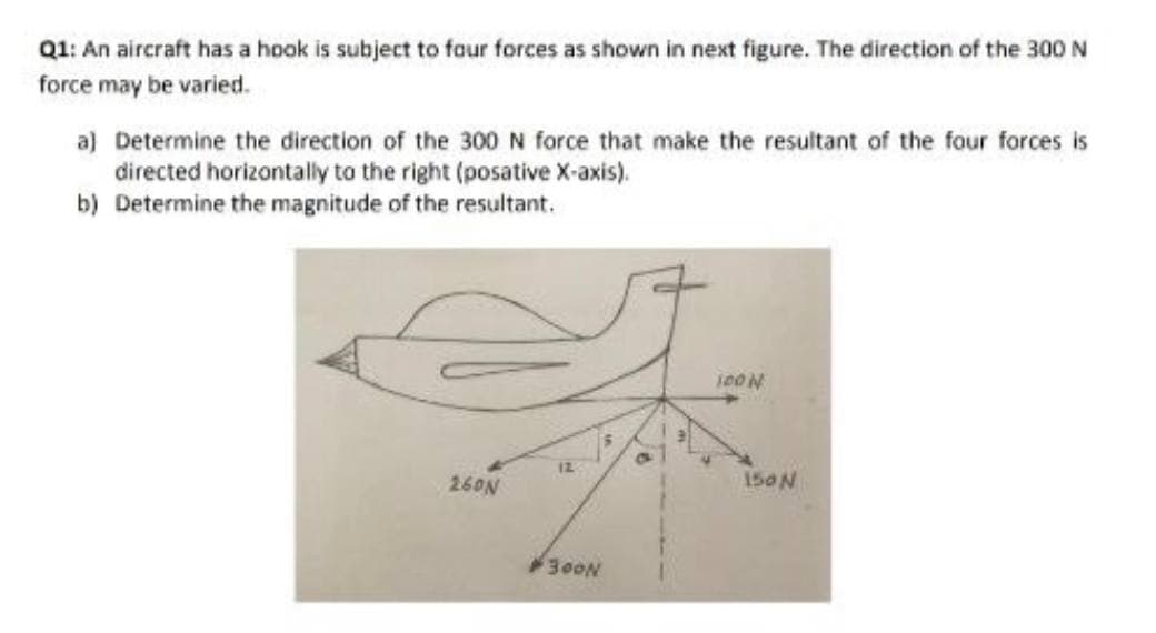 Q1: An aircraft has a hook is subject to four forces as shown in next figure. The direction of the 300 N
force may be varied.
a) Determine the direction of the 300 N force that make the resultant of the four forces is
directed horizontally to the right (posative X-axis).
b) Determine the magnitude of the resultant.
100N
260N
150N
