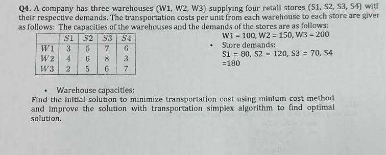 Q4. A company has three warehouses (W1, W2, W3) supplying four retail stores (S1, S2, S3, S4) with
their respective demands. The transportation costs per unit from each warehouse to each store are giver
as follows: The capacities of the warehouses and the demands of the stores are as follows:
S1 S2 S3 S4
W1 = 100, W2 = 150, W3 = 200
Store demands:
7
6
8
S1 = 80, S2 = 120, S3 = 70, S4
= 180
6
W1 3
5
W2 4
6
W3 2 5
3
7
Warehouse capacities:
Find the initial solution to minimize transportation cost using minium cost method
and improve the solution with transportation simplex algorithm to find optimal
solution.