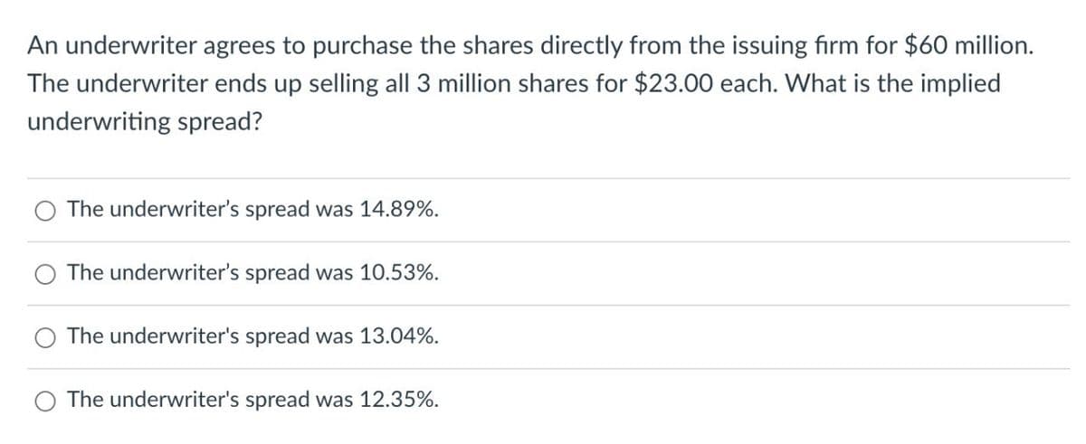 An underwriter agrees to purchase the shares directly from the issuing firm for $60 million.
The underwriter ends up selling all 3 million shares for $23.00 each. What is the implied
underwriting spread?
The underwriter's spread was 14.89%.
The underwriter's spread was 10.53%.
The underwriter's spread was 13.04%.
The underwriter's spread was 12.35%.