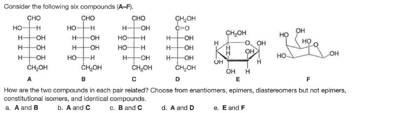 Consider the following six compounds (A-F).
сно
HO
сно
CHO
CH,OH
Но
H-
H-
-OH-
C=0
CH,OH
но
H-
OH
H-
OH
Но
-H-
H-
OH
OH
но
OH
OH-
Но
-
H-
OH
OH
но.
он
но
ČH,OH
H-
OH
H-
-OH
H-
OH
OH
ČH,OH
CH,OH
CH2OH
OH
A
B
D
F
How are the two compounds in each pair related? Choose from enantiomers, epimers, diastereomers but not epimers,
constitutional isomers, and identical compounds.
a. A and B
b. A and C
c. B and C
d. A and D
e. E and F
