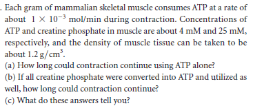 . Each gram of mammalian skeletal muscle consumes ATP at a rate of
about 1x 10-3 mol/min during contraction. Concentrations of
ATP and creatine phosphate in muscle are about 4 mM and 25 mM,
respectively, and the density of muscle tissue can be taken to be
about 1.2 g/cm'.
(a) How long could contraction continue using ATP alone?
(b) If all creatine phosphate were converted into ATP and utilized as
well, how long could contraction continue?
(c) What do these answers tell you?
