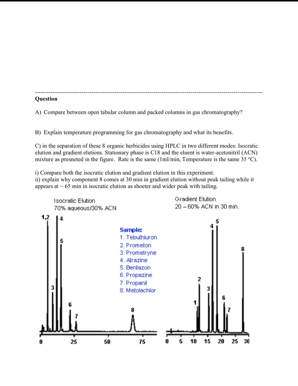 Question
A) Compare between open tabular column and packed columns in gas chromatography?
B) Explain temperature programming for gas chromatography and what its benefits.
C) in the separation of these 8 organic herbicides using HPLC in two different modes: Isocratic
elution and gradient elutions. Stationary phase is C18 and the eluent is water-acetonitril (ACN)
mixture as presneted in the figure. Rate is the same (1ml/min, Temperature is the same 35 °C).
i) Compare both the isocratic elution and gradient elution in this experiment.
ii) explain why component 8 comes at 30 min in gradient elution without peak tailing while it
appears at - 65 min in isocratic elution as shoeter and wider peak with tailing.
Isocratic Elution
Gradient Elution
70% aqueous/30% ACN
20 - 60% ACN in 30 min.
1,2
4
5
4
Sample:
1. Tebuthiuron
2. Prometon
3. Prometryne
4. Atrazine
5. Bentazon
6. Propazine
7. Propanil
8. Metolachlor
2
3
6.
7
25
50
75
0 5 10 15 20 25 30

