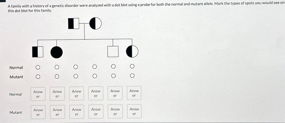 A family with a history of a genetic disorder were analyzed with a dot blot using a probe for both the normal and mutant allele. Mark the types of spots you would see on
this dot blot for this family.
Normal
Mutant
OO
O O
Answ
Answ
Normal
er
er
Answ
er
Answ
er
Answ
er
Answ
er
Answ
Answ
Answ
Answ
Answ
Answ
Mutant
er
er
er
er
er
er