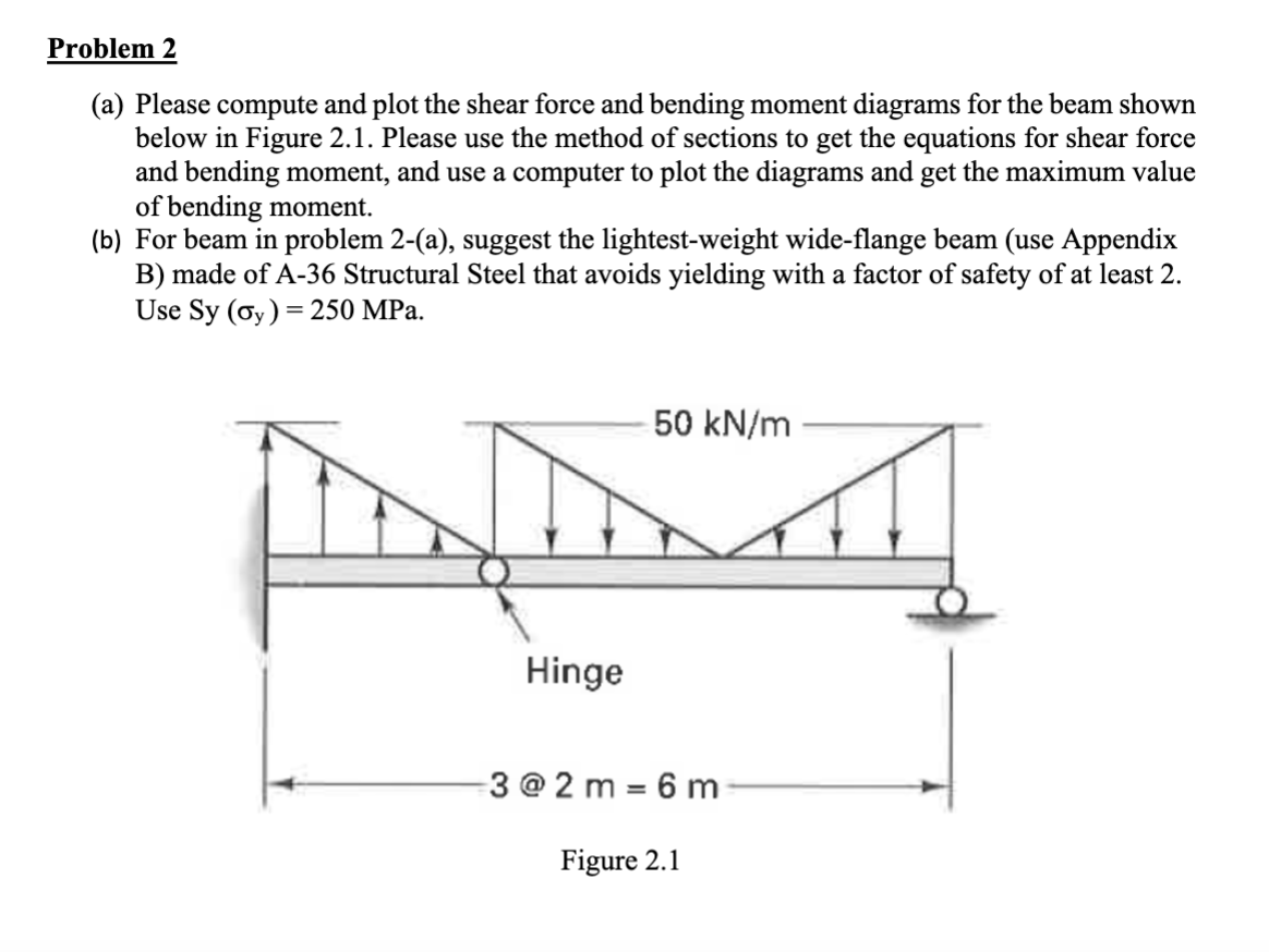 Problem 2
(a) Please compute and plot the shear force and bending moment diagrams for the beam shown
below in Figure 2.1. Please use the method of sections to get the equations for shear force
and bending moment, and use a computer to plot the diagrams and get the maximum value
of bending moment.
(b) For beam in problem 2-(a), suggest the lightest-weight wide-flange beam (use Appendix
B) made of A-36 Structural Steel that avoids yielding with a factor of safety of at least 2.
Use Sy (σy)=250 MPa.
50 kN/m
Hinge
3@2m 6m
=
Figure 2.1
