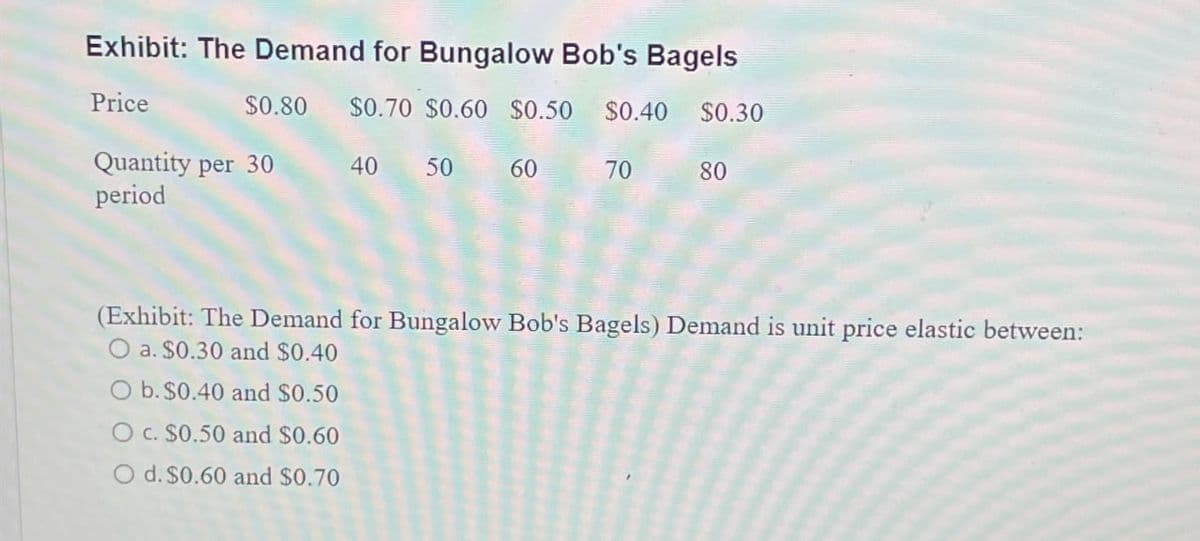 Exhibit: The Demand for Bungalow Bob's Bagels
Price
$0.80 $0.70 $0.60 $0.50 $0.40 $0.30
Quantity per 30 40 50 60 70 80
period
(Exhibit: The Demand for Bungalow Bob's Bagels) Demand is unit price elastic between:
a. $0.30 and $0.40
b. $0.40 and $0.50
O c. $0.50 and $0.60
O d. $0.60 and $0.70