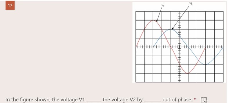17
In the figure shown, the voltage V1
the voltage V2 by
V₁
*
out of phase.
40)