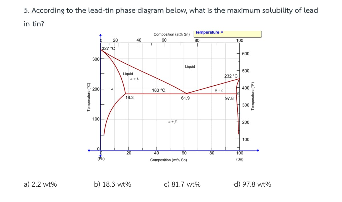 5. According to the lead-tin phase diagram below, what is the maximum solubility of lead
in tin?
a) 2.2 wt%
Temperature (°C)
300
200
100
0
20
327 °C
D
(Pb)
a
T
Liquid
a + L
18.3
20
40
T
b) 18.3 wt%
T
Composition (at% Sn)
60
T
183 °C
a + ß
T
Liquid
61.9
60
40
Composition (wt% Sn)
Temperature =
80
c) 81.7 wt%
B+L
80
100
232 °C
97.8
600
500
400
300
200
100
100
(Sn)
Temperature (°F)
d) 97.8 wt%