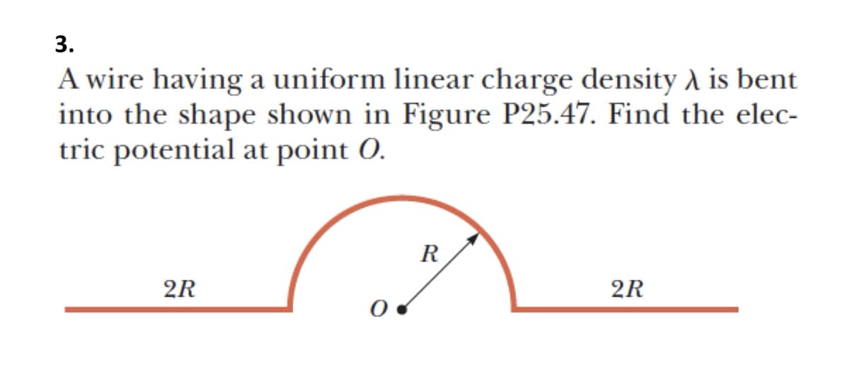 3.
A wire having a uniform linear charge density λ is bent
into the shape shown in Figure P25.47. Find the elec-
tric potential at point O.
2R
O
R
2R