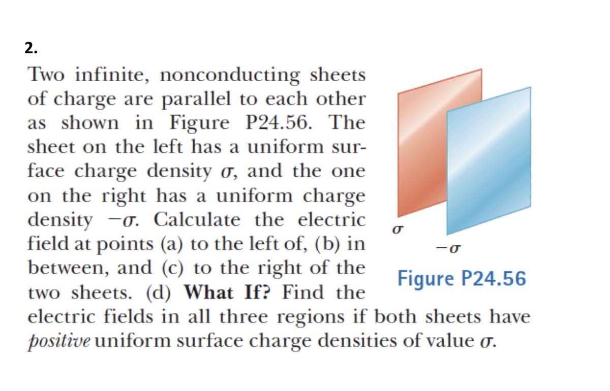 2.
Two infinite, nonconducting sheets
of charge are parallel to each other
as shown in Figure P24.56. The
sheet on the left has a uniform sur-
face charge density σ, and the one
on the right has a uniform charge
density -σ. Calculate the electric
field at points (a) to the left of, (b) in
between, and (c) to the right of the
two sheets. (d) What If? Find the
electric fields in all three regions if both sheets have
positive uniform surface charge densities of value σ.
Figure P24.56
-σ