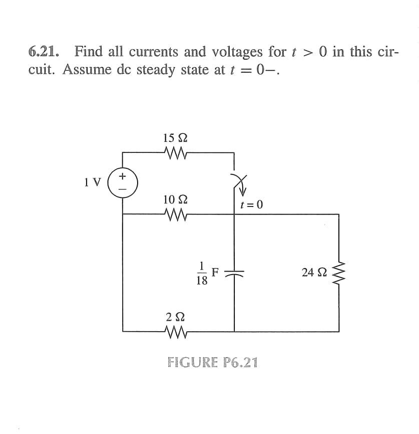 6.21. Find all currents and voltages for t > 0 in this cir-
cuit. Assume dc steady state at t = : 0-.
1 V
+
15 Ω
10 Ω
W
252
W
1
18
F
t = 0
FIGURE P6.21
24 Ω