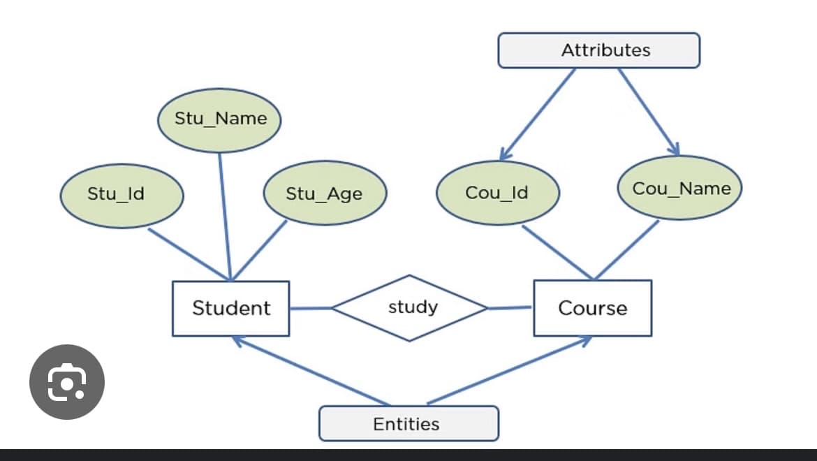Stu_ld
Stu_Name
Attributes
Stu_Age
Cou_ld
Cou_Name
Student
study
Course
Entities