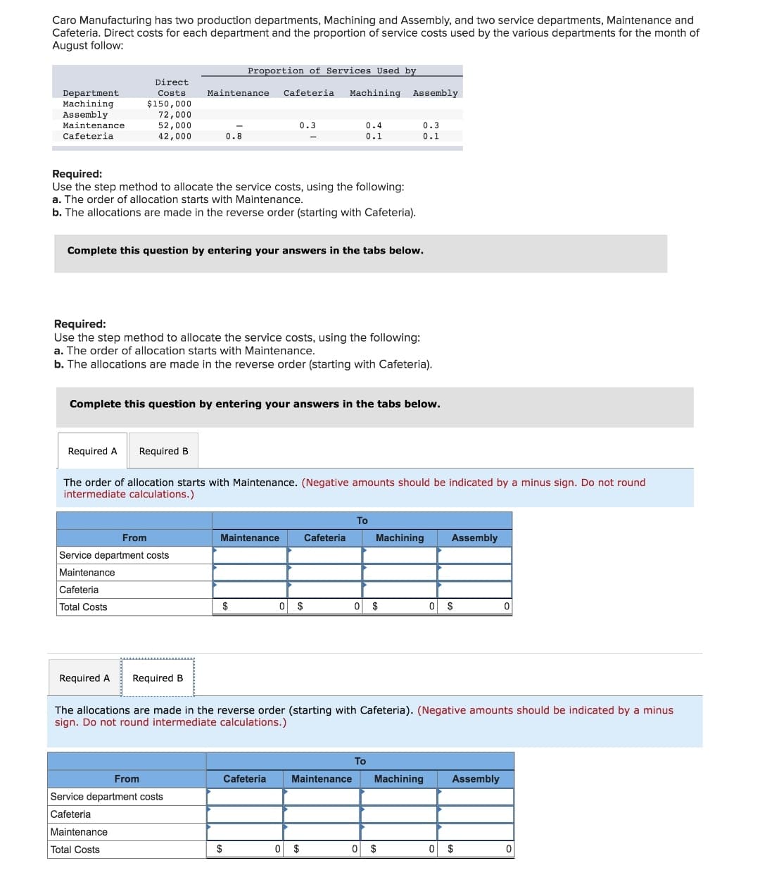 Caro Manufacturing has two production departments, Machining and Assembly, and two service departments, Maintenance and
Cafeteria. Direct costs for each department and the proportion of service costs used by the various departments for the month of
August follow:
Proportion of Services Used by
Direct
Cafeteria
Department
Machining
Assembly
Costs
Maintenance
Machining Assembly
$150,000
72,000
52,000
42,000
Maintenance
0.3
0.4
0.3
Cafeteria
0.8
0.1
0.1
Required:
Use the step method to allocate the service costs, using the following:
a. The order of allocation starts with Maintenance.
b. The allocations are made in the reverse order (starting with Cafeteria).
Complete this question by entering your answers in the tabs below.
Required:
Use the step method to allocate the service costs, using the following:
a. The order of allocation starts with Maintenance.
b. The allocations are made in the reverse order (starting with Cafeteria).
Complete this question by entering your answers in the tabs below.
Required A
Required B
The order of allocation starts with Maintenance. (Negative amounts should be indicated by a minus sign. Do not round
intermediate calculations.)
To
From
Maintenance
Cafeteria
Machining
Assembly
Service department costs
Maintenance
Cafeteria
Total Costs
$
O $
O $
O $
Required A
Required B
The allocations are made in the reverse order (starting with Cafeteria). (Negative amounts should be indicated by a minus
sign. Do not round intermediate calculations.)
To
From
Cafeteria
Maintenance
Machining
Assembly
Service department costs
Cafeteria
Maintenance
Total Costs
$
0 $
0 $
O $
