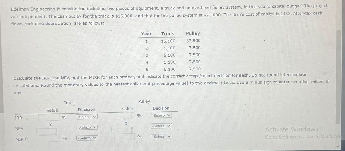 Edelman Engineering is considering including two pieces of equipment, a truck and an overhead pulley system, in this year's capital budget. The projects
are independent. The cash outlay for the truck is $15,000, and that for the pulley system is $21,000. The firm's cost of capital is 11%. After-tax cash
flows, including depreciation, are as follows:
Year
Truck
Pulley
1
$5,100
$7,500
2
5,100
7,500
3
5,100
7,500
4
5
5,100
7,500
5,100
7,500
Calculate the IRR, the NPV, and the MIRR for each project, and indicate the correct accept/reject decision for each. Do not round intermediate
calculations. Round the monetary values to the nearest dollar and percentage values to two decimal places. Use a minus sign to enter negative values, if
any.
Truck
Pulley
Value
Decision
Value
Decision
IRR
%
-Select- v
%
-Select- v
$
NPV
MIRR
-Select- v
-Select- v
Activate Windows
%
-Select- v
%
-Select- v
Go to Settings to activate Windows