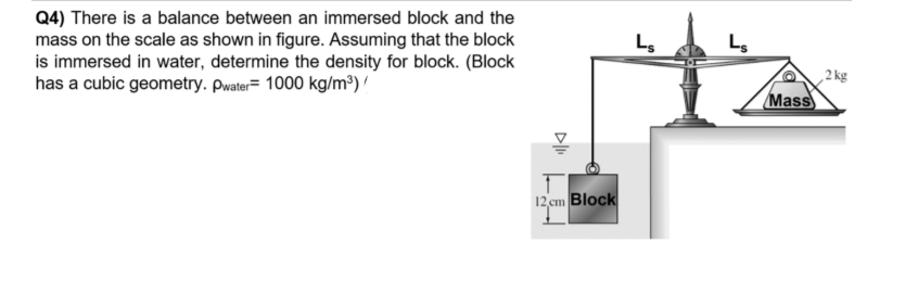 Q4) There is a balance between an immersed block and the
mass on the scale as shown in figure. Assuming that the block
is immersed in water, determine the density for block. (Block
has a cubic geometry. Pwater= 1000 kg/m³) /
,2 kg
Mass
12 cm Block
