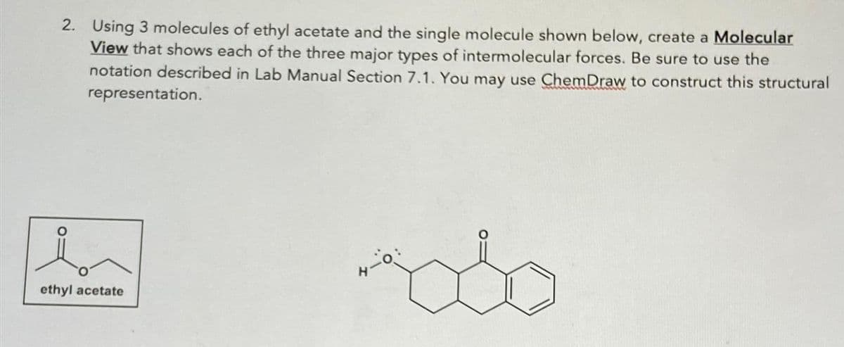 2. Using 3 molecules of ethyl acetate and the single molecule shown below, create a Molecular
View that shows each of the three major types of intermolecular forces. Be sure to use the
notation described in Lab Manual Section 7.1. You may use ChemDraw to construct this structural
representation.
ethyl acetate
4-0:
