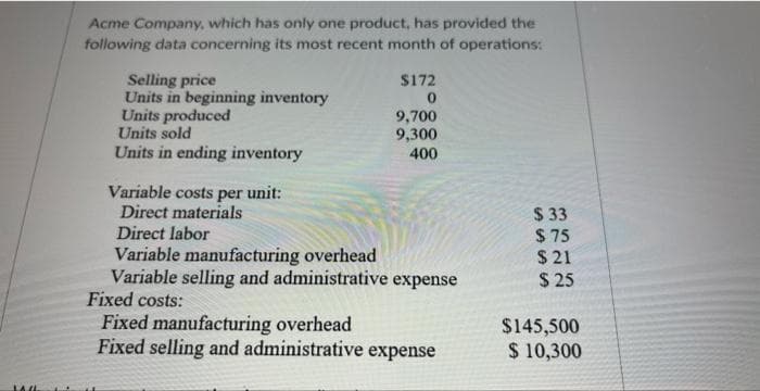 ALL
Acme Company, which has only one product, has provided the
following data concerning its most recent month of operations:
Selling price
Units in beginning inventory
Units produced
Units sold
Units in ending inventory
Variable costs per unit:
Direct materials
Direct labor
$172
0
9,700
9,300
400
Variable manufacturing overhead
Variable selling and administrative expense
Fixed costs:
Fixed manufacturing overhead
Fixed selling and administrative expense
$33
$75
$21
$25
$145,500
$ 10,300