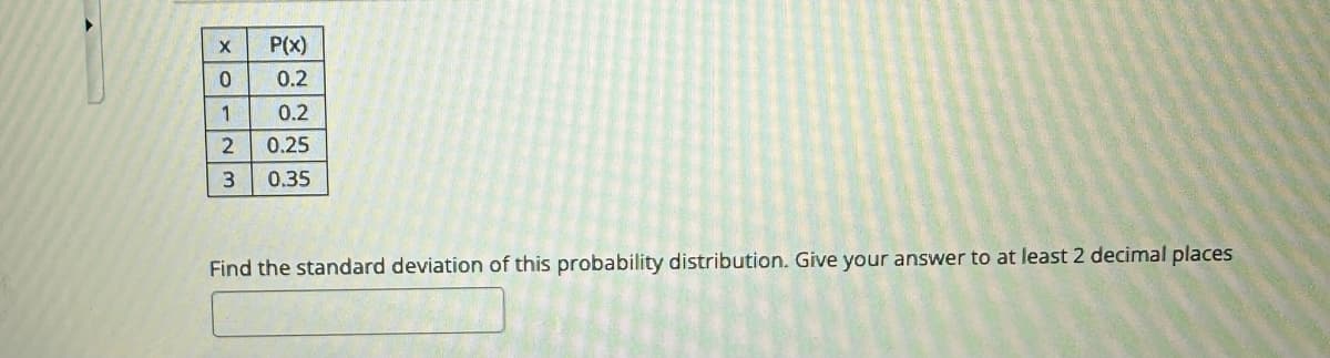 X
0
1
2
3
P(x)
0.2
0.2
0.25
0.35
Find the standard deviation of this probability distribution. Give your answer to at least 2 decimal places